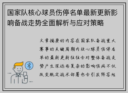 国家队核心球员伤停名单最新更新影响备战走势全面解析与应对策略