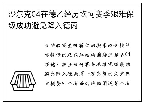 沙尔克04在德乙经历坎坷赛季艰难保级成功避免降入德丙